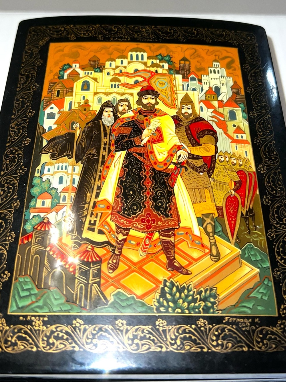 Hand-Painted Russian Lacquer Art Panel in Black and Multicolor - Picture 3 of 5